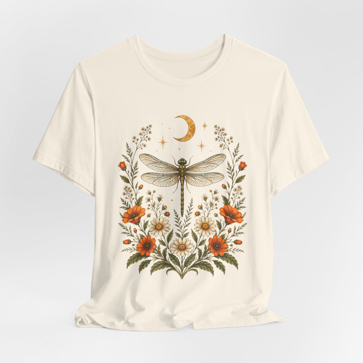 T-Shirt, Short Sleeve Boxy Crew Neck - Boho Dragonfly Moon