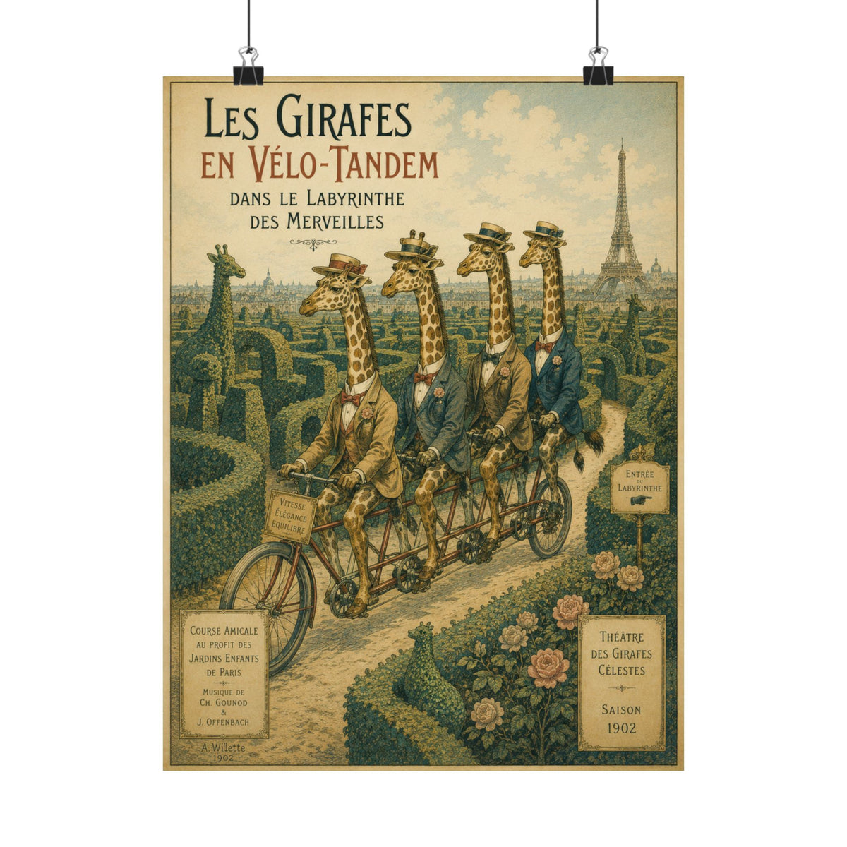 Poster, Art Print - Giraffes on Tandem Bicycles in a Maze