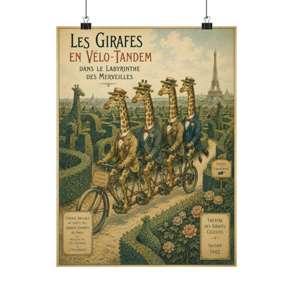 Poster, Art Print - Giraffes on Tandem Bicycles in a Maze
