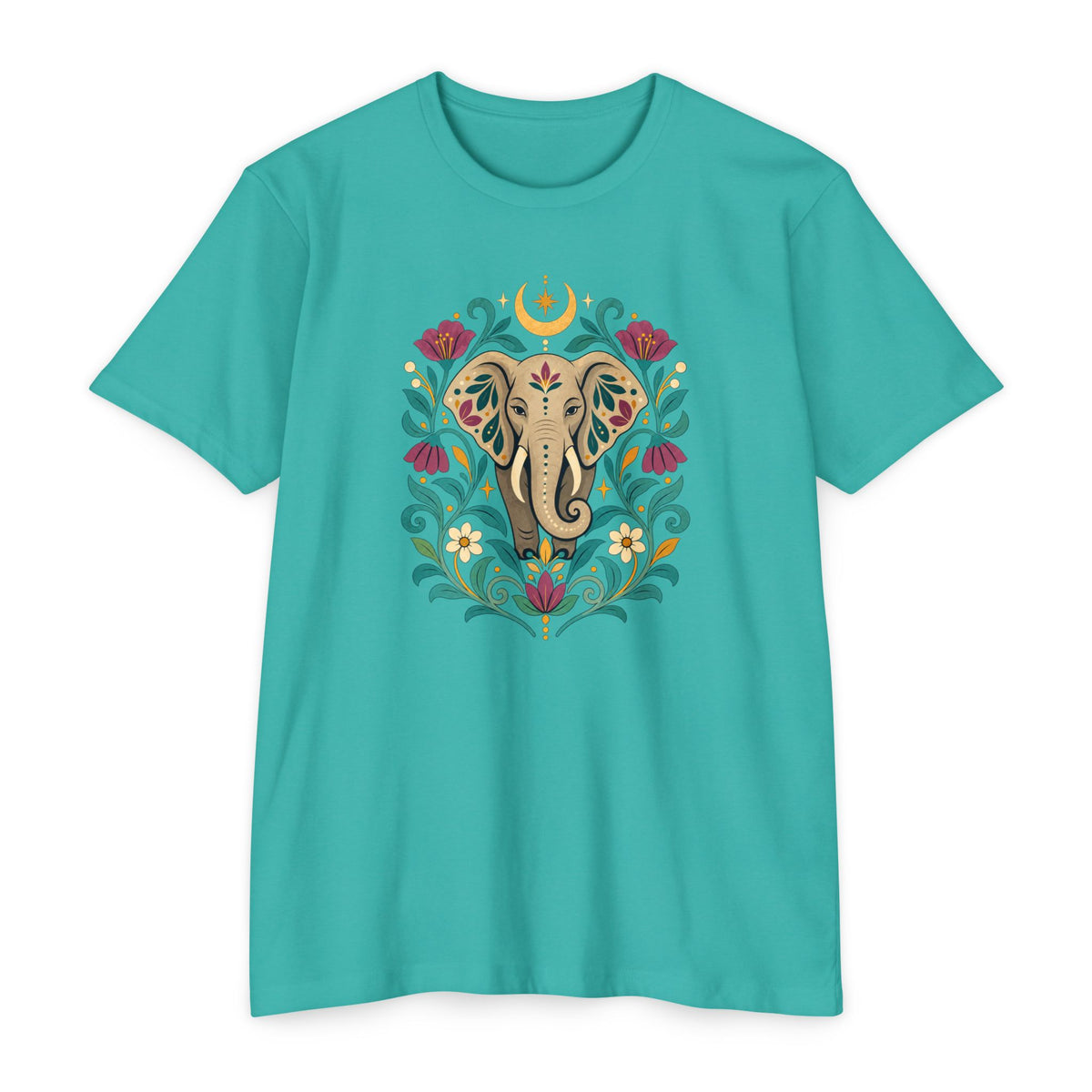 T-Shirt, Short Sleeve Boxy Crew Neck - Boho Indian-Inspired Elephant Floral