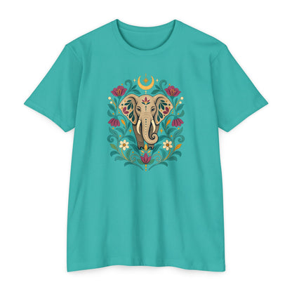 T-Shirt, Short Sleeve Boxy Crew Neck - Boho Indian-Inspired Elephant Floral