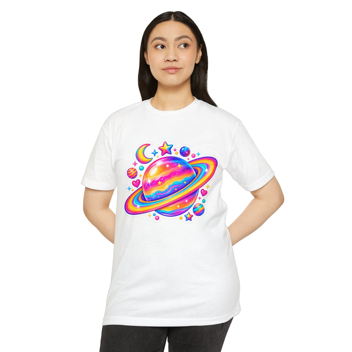 T‑Shirt, Short Sleeve Boxy Crew Neck - Rainbow Planet Cosmic Space