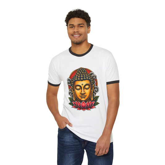 Tattoo Style Buddha on a Lotus Cotton Ringer T-Shirt