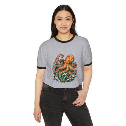 T-Shirt, Ringer - Octopus Ocean Waves