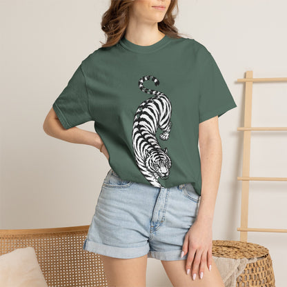 T-Shirt, Short Sleeve Boxy Crew Neck - Black & White Tiger