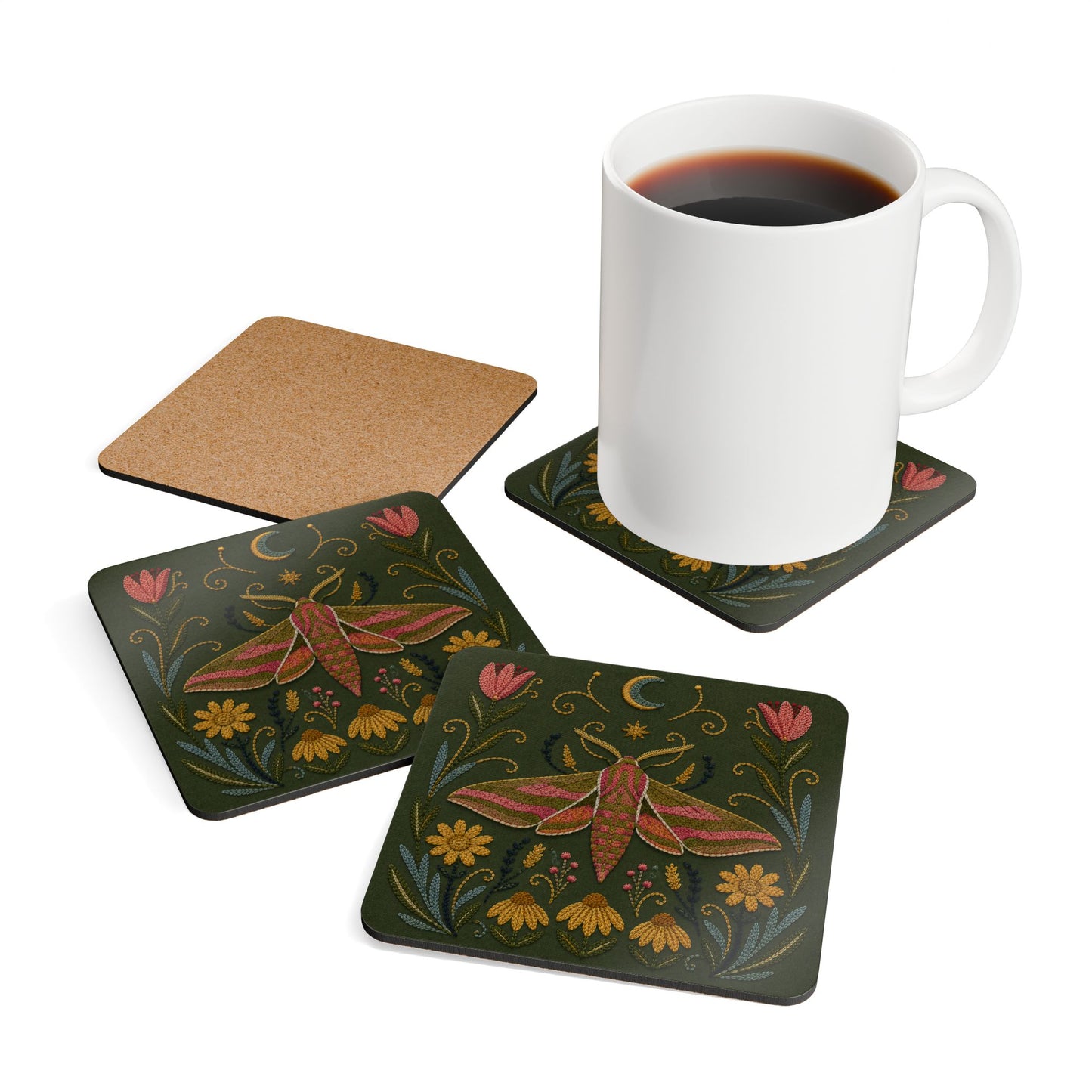Elephant Hawk Moth & Wildflower Cork Coaster (Set of 4)