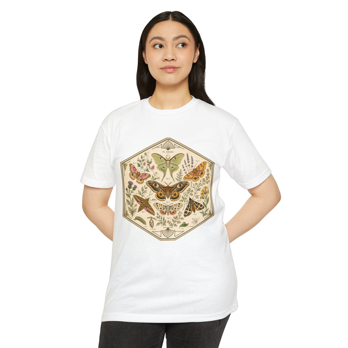 T-Shirt, Short Sleeve Boxy Crew Neck - Moth & Botanicals Hexagon Vintage Nature Illustration