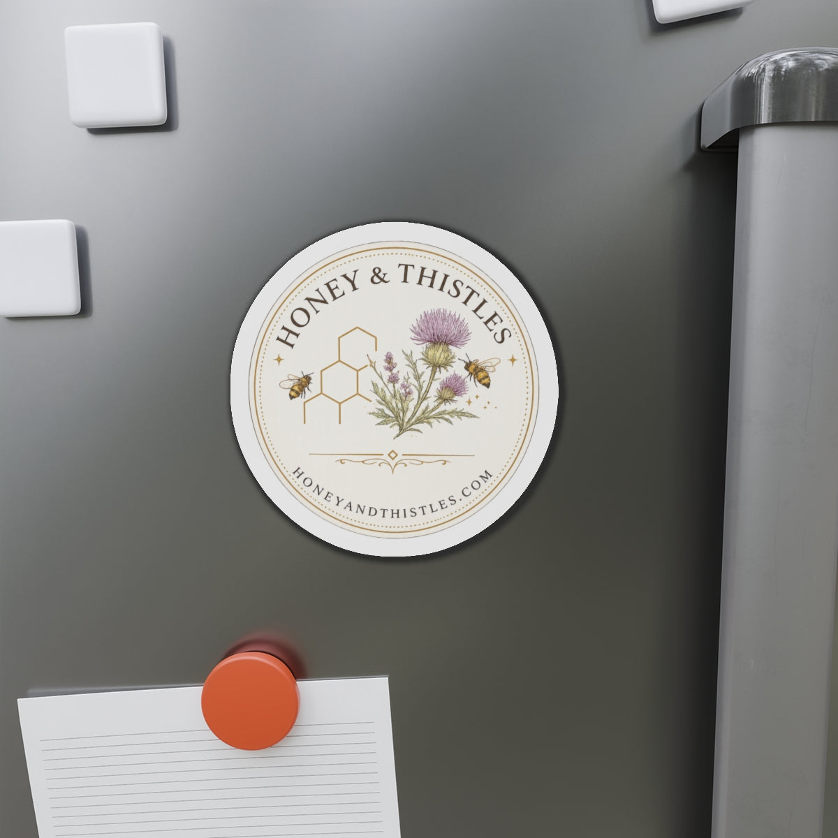 Honey & Thistles Round Die-Cut Magnet – Floral Bee Logo Refrigerator Magnet