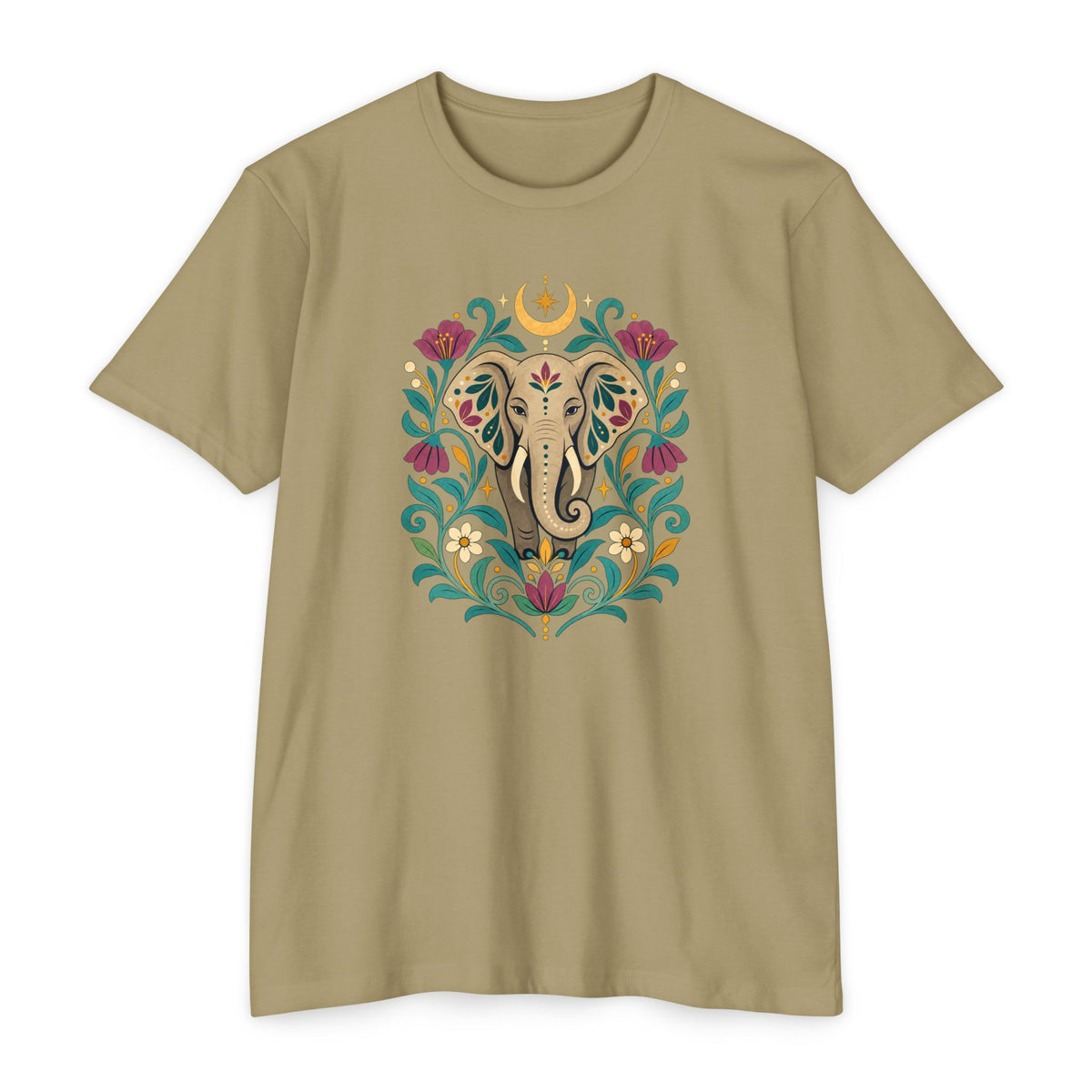 T-Shirt, Short Sleeve Boxy Crew Neck - Boho Indian-Inspired Elephant Floral