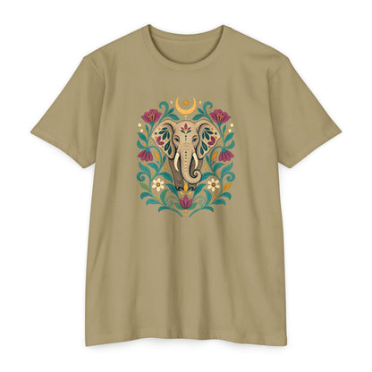 T-Shirt, Short Sleeve Boxy Crew Neck - Boho Indian-Inspired Elephant Floral