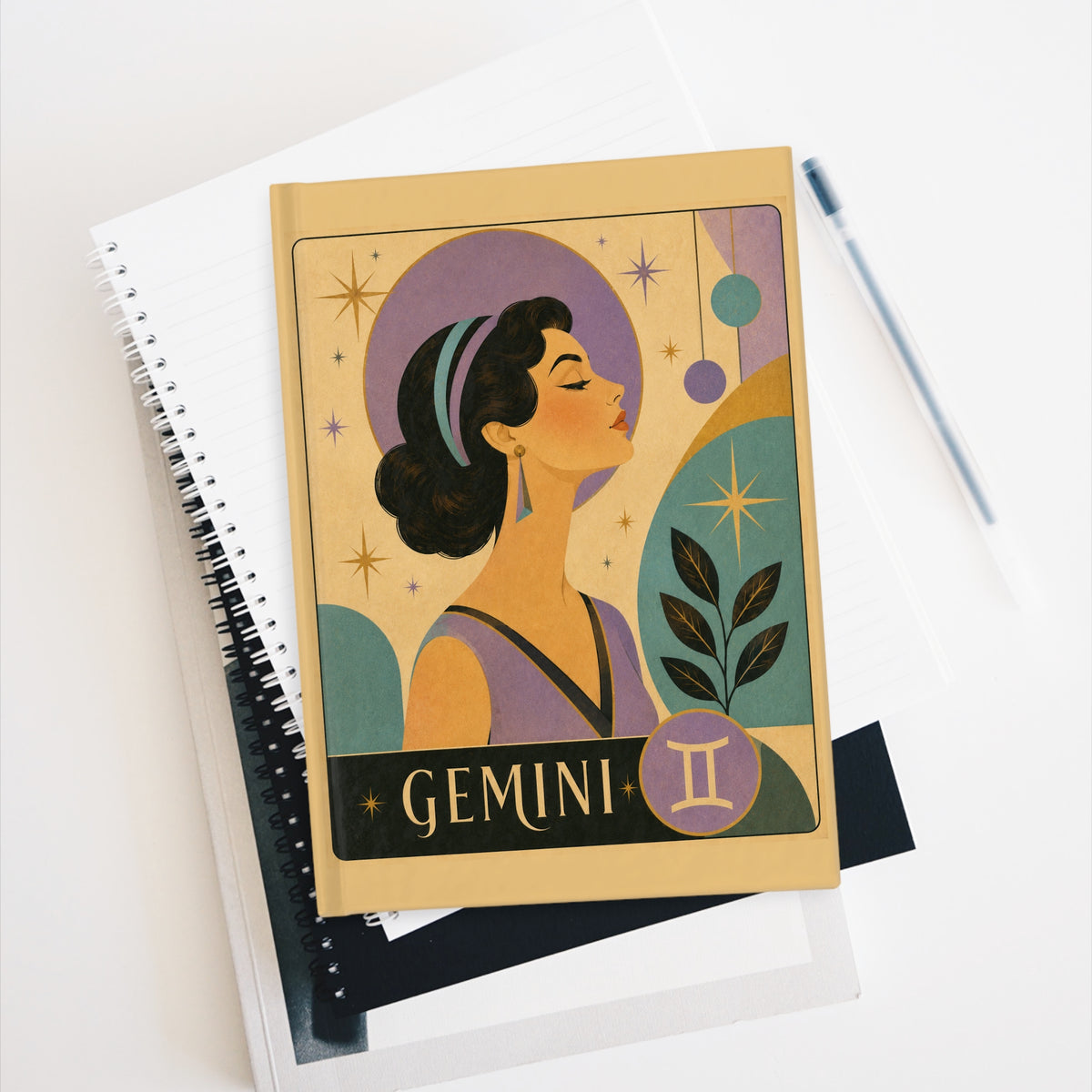 Journal Notebook, Hardcover Blank - Retro Gemini Zodiac