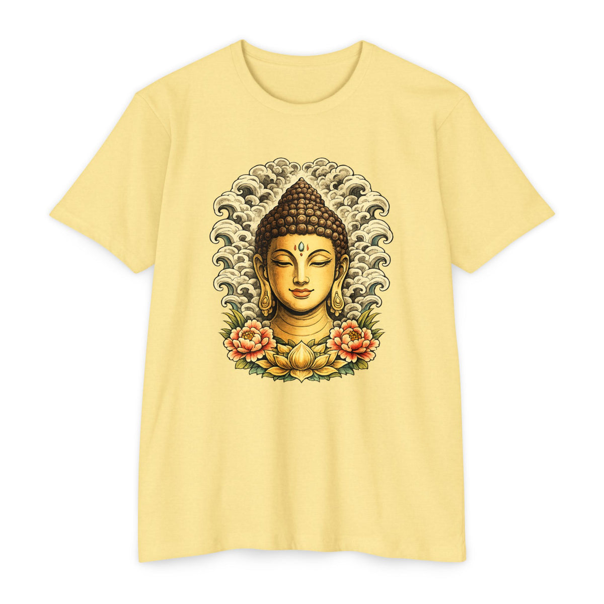 T-Shirt, Short Sleeve Boxy Crew Neck - Buddha Head Floral