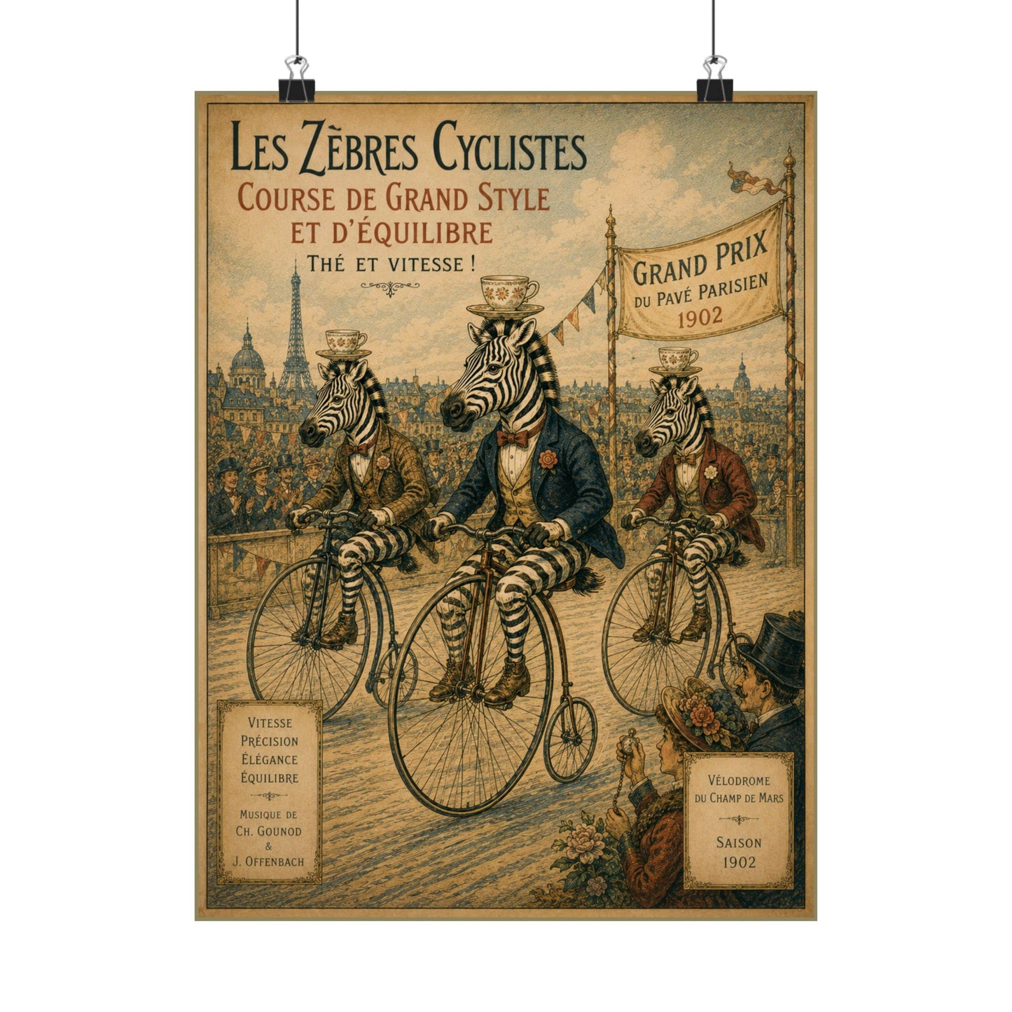 Vintage Zebra Cyclists Poster Matte Vertical Poster | Antique Bicycle Race Art