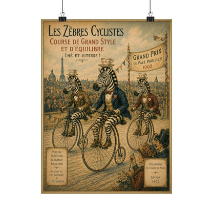 Vintage Zebra Cyclists Poster Matte Vertical Poster | Antique Bicycle Race Art