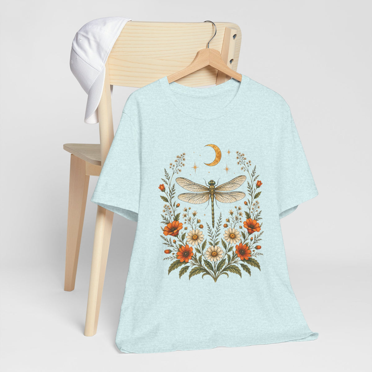 T-Shirt, Short Sleeve Boxy Crew Neck - Boho Dragonfly Moon
