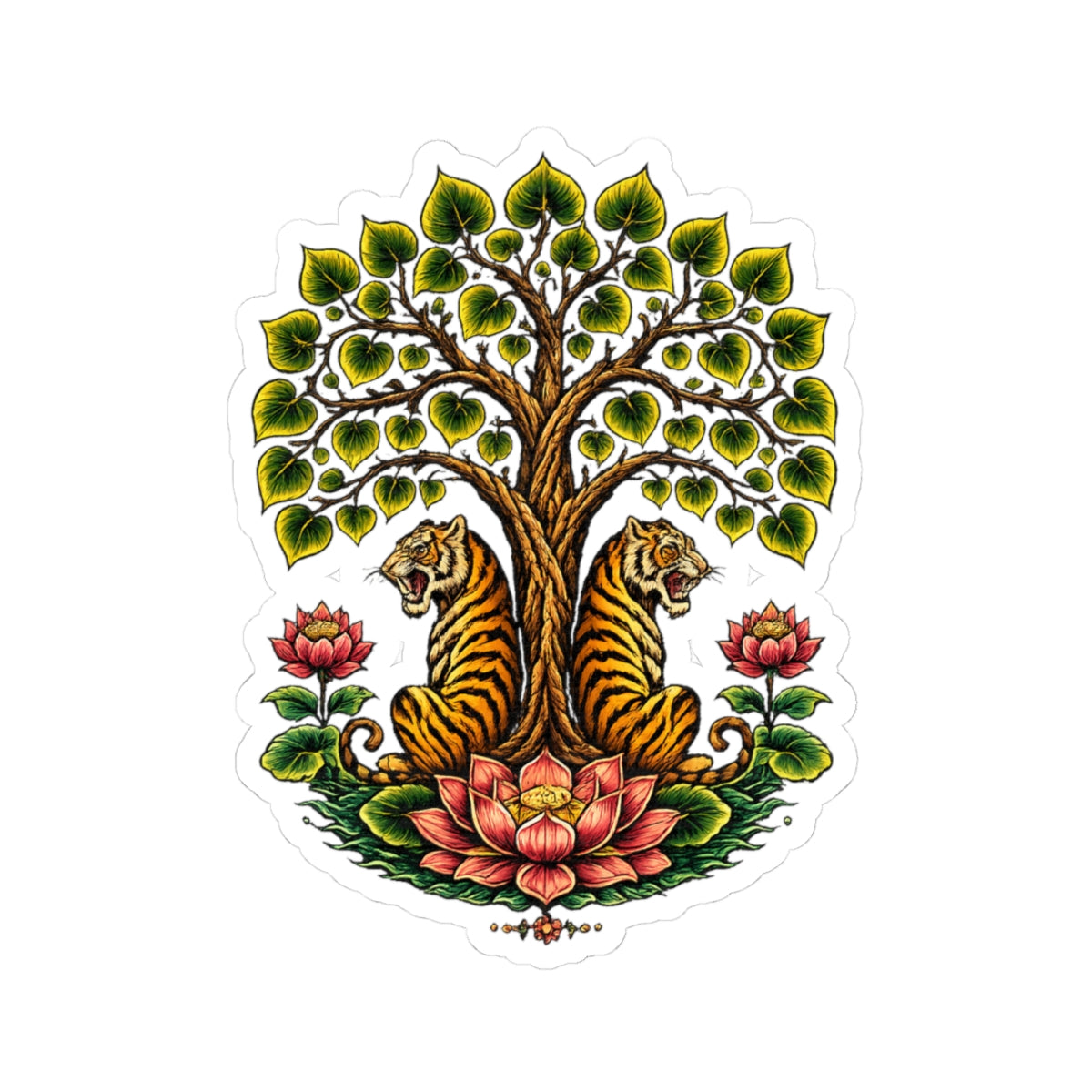 Sticker,  Kiss-Cut - Tiger Pair Lotus & Bodhi Tree