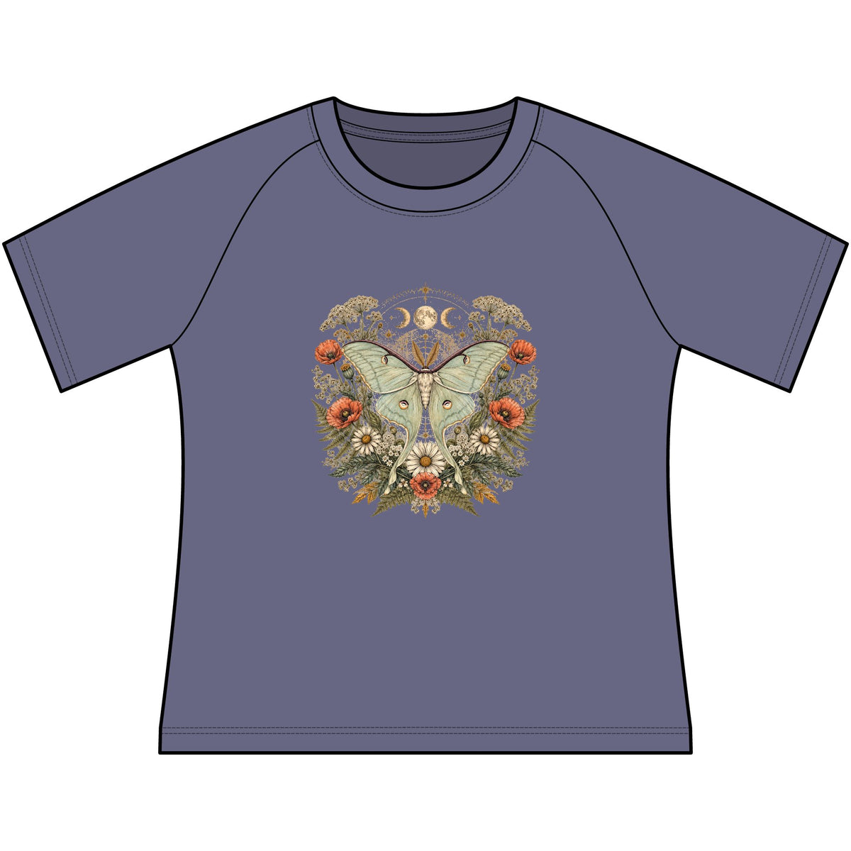 T-Shirt, Short Sleeve Boxy Crew Neck - Floral Moth & Moon