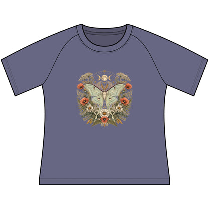 T-Shirt, Short Sleeve Boxy Crew Neck - Floral Moth & Moon