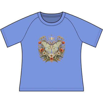 T-Shirt, Short Sleeve Boxy Crew Neck - Floral Moth & Moon