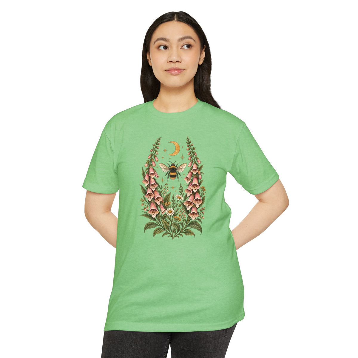 T-Shirt, Short Sleeve Boxy Crew Neck - Bee & Foxglove Vintage Floral Moon
