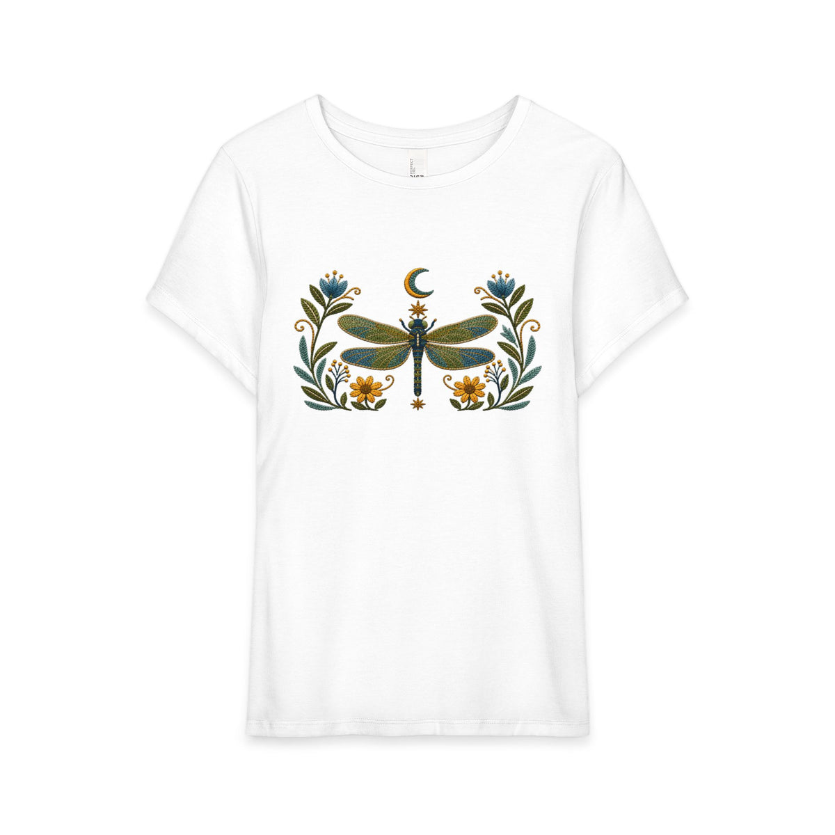 T-Shirt, Short Sleeve Wide Neck Relaxed Fit - Floral Dragonfly & Moon