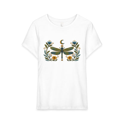 T-Shirt, Short Sleeve Wide Neck Relaxed Fit - Floral Dragonfly & Moon
