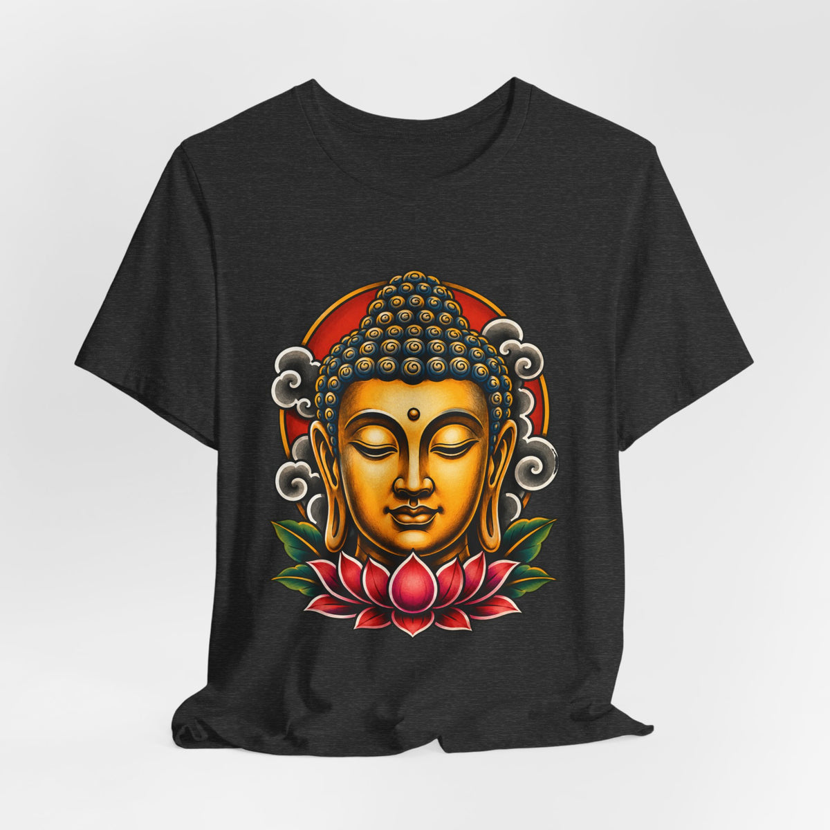 T‑Shirt, Short Sleeve Boxy Crew Neck - Golden Buddha Head with Lotus