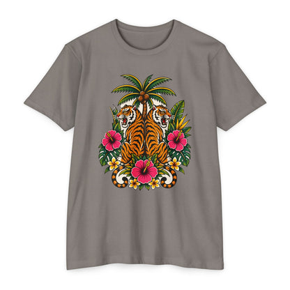 T-Shirt, Short Sleeve Boxy Crew Neck - Tiger Tiger Tropics Vintage Floral Palm