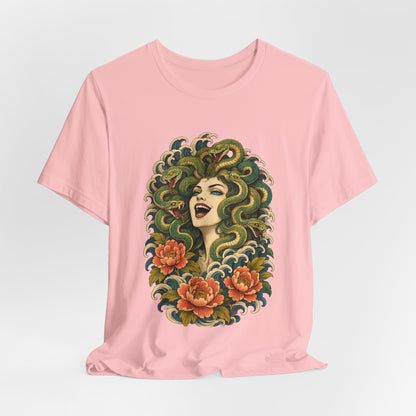 T-Shirt, Short Sleeve Wide Neck - Medusa Snake Hair Floral
